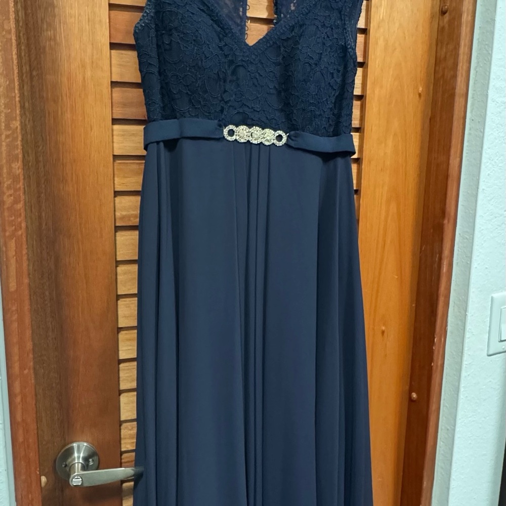 Mori Lee Blue V-neck Sleeveless Maxi Dress